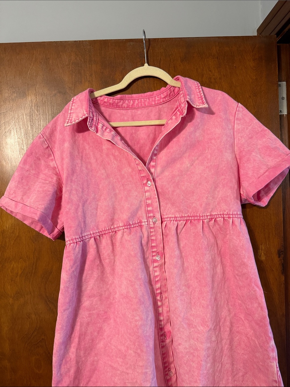 Pink Button-Front Short Sleeve Shirt Dress - Picture 2 of 7